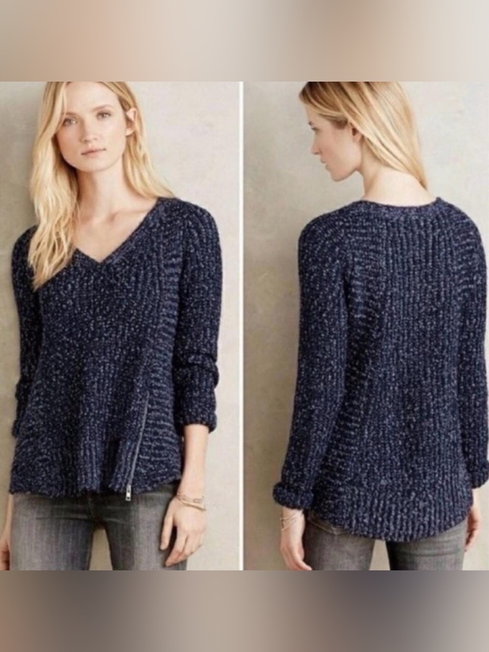 Anthropologie Moth Navy Speckled Chunky V-Neck Alpaca Wool Blend Sweater Sz S